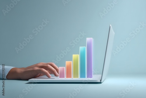 Hand on Laptop with Colorful Graphs Representing Business Growth