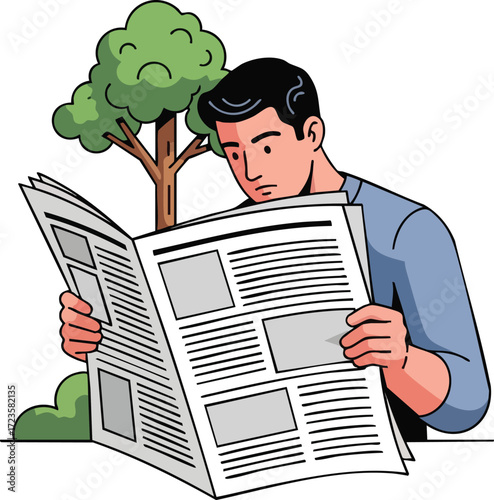 Man Reading Newspaper Outdoors News Information and Current Events Concept