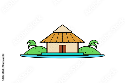 House with a thatched roof and a pool with a tropical landscape on a white background