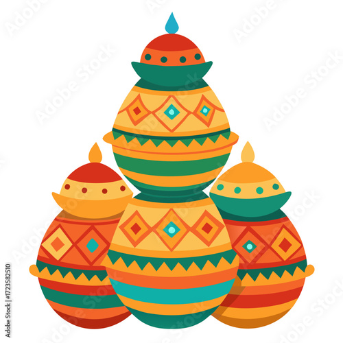 Colorful Indian clay pots arranged in pyramid-style decorations,