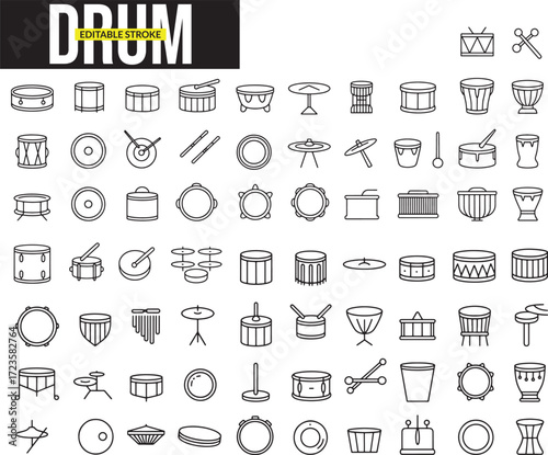 Drum line art vector, Black outline Drum vector bundle