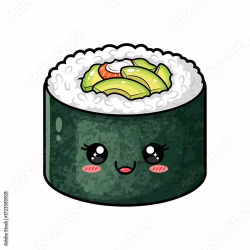 Adorable Sushi Roll Character with Avocado and Salmon Topping Illustration.