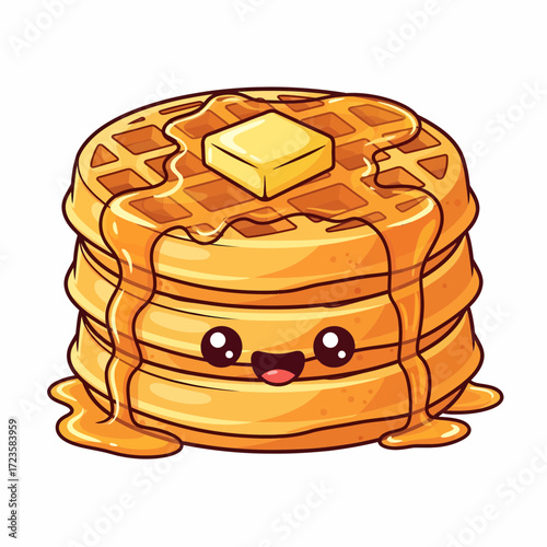 Adorable Waffle Stack with Butter and Dripping Syrup Cartoon Illustration.