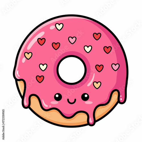 Cartoon Donut with Pink Glaze Heart Sprinkles and a Smiling Face.