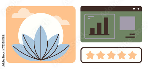 Lotus flower symbol with clouds, analytics dashboard with bar chart, and five-star rating highlight harmony, growth, feedback, and value. Ideal for wellness, growth, evaluation progress balance