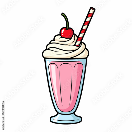 Cartoon Pink Milkshake with Whipped Cream and Cherry Topping Illustration.