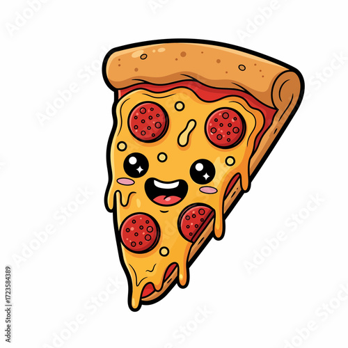 Cartoon Pizza Slice with Pepperoni Dripping Cheese and Kawaii Face.