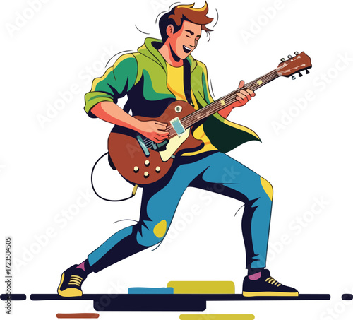 Energetic Young Man Playing Electric Guitar Musical Performance Vector Illustration
