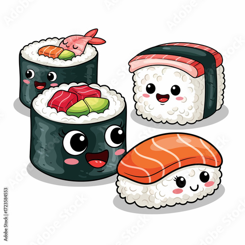 Kawaii Sushi Cartoon Characters with Shrimp Tuna and Salmon Toppings.