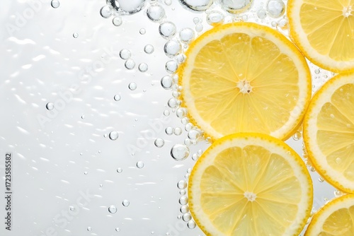 Closeup of Sliced Lemons Submerged in Sparkling Water