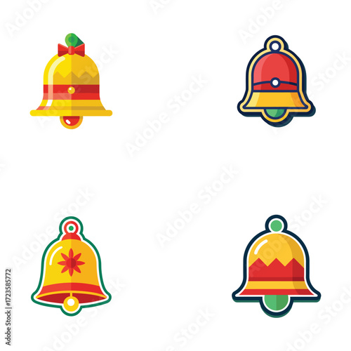 Christmas Set Bell Icon with Ribbon – Festive Holiday Vector Illustration