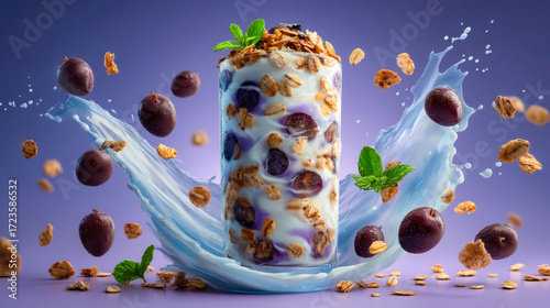 A glass of yogurt with fruit and granola on top. The image has a playful and fun mood, with the fruit and granola floating in the air above the glass of yogurt