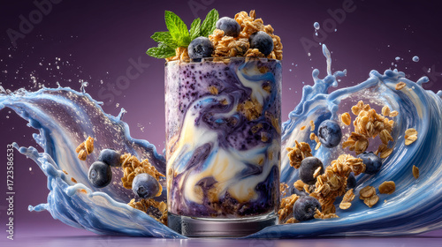 A delicious blueberry yogurt with granola on top is served in a glass. The blueberry yogurt is creamy and smooth, while the granola adds a crunchy texture and a burst of flavor