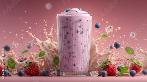 A glass of pink smoothie with blueberries and strawberries on a pink background. The smoothie is topped with ice and has a splash of milk. Concept of freshness and healthiness