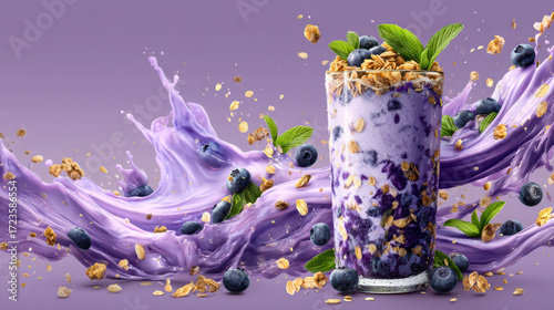 A colorful drink with blueberries and granola in a glass. The drink is purple and the granola is blue. The drink is served in a tall glass, and the granola is scattered around the glass