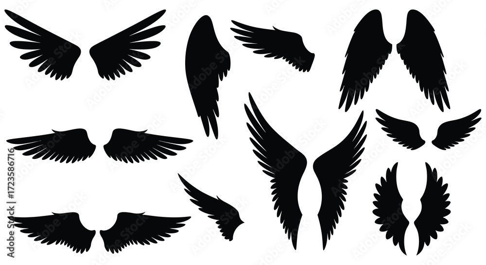 Fototapeta premium Collection of various black wing shapes and designs a striking silhouette