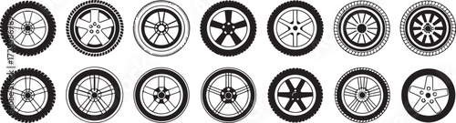 variety of car wheel vector graphics with unique rim spoke and tire tread patterns