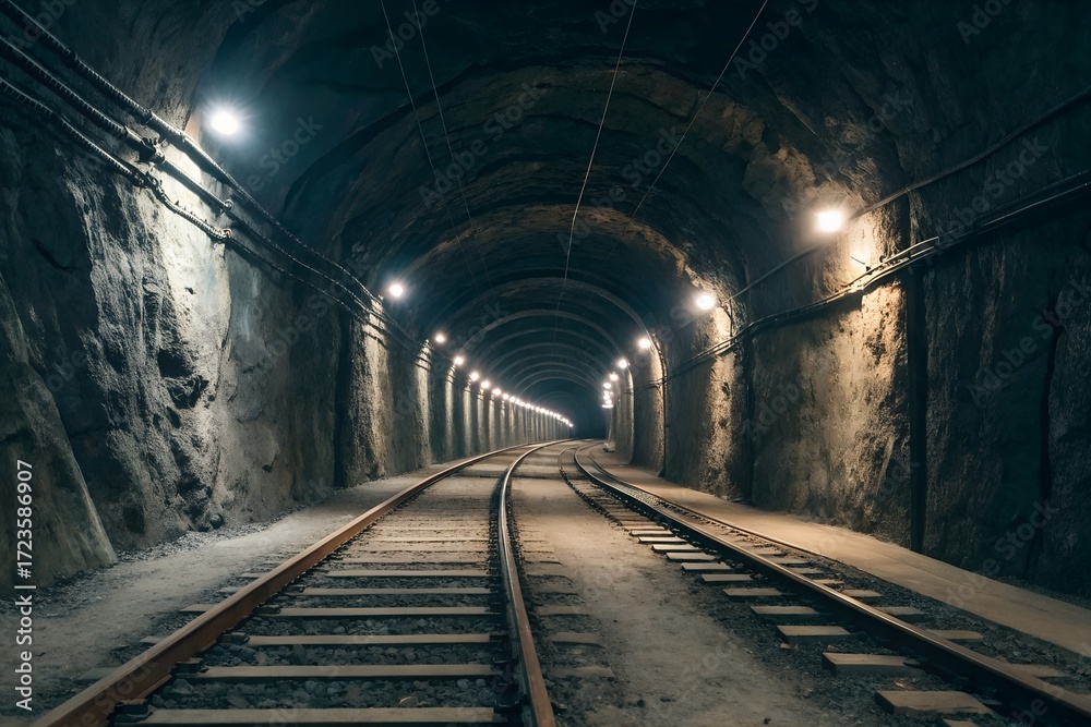 Obraz premium Dark Tunnel with Train Tracks and Dim Lighting