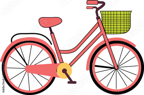 City Bicycle Vector: Pink Cruiser Bike Illustration with Basket
