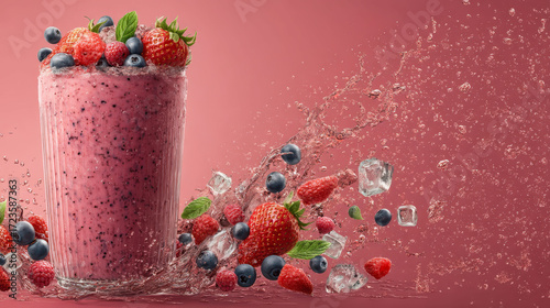 A colorful drink with strawberries, blueberries, and raspberries. The drink is in a glass and has a splash of water on the side