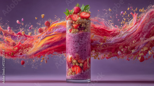 A glass of fruit smoothie with strawberries and blueberries. The smoothie is in a glass and has a purple background