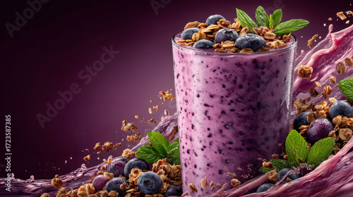 A purple drink with blueberries and granola in it. The drink is poured into a cup and has a splash of liquid on the side