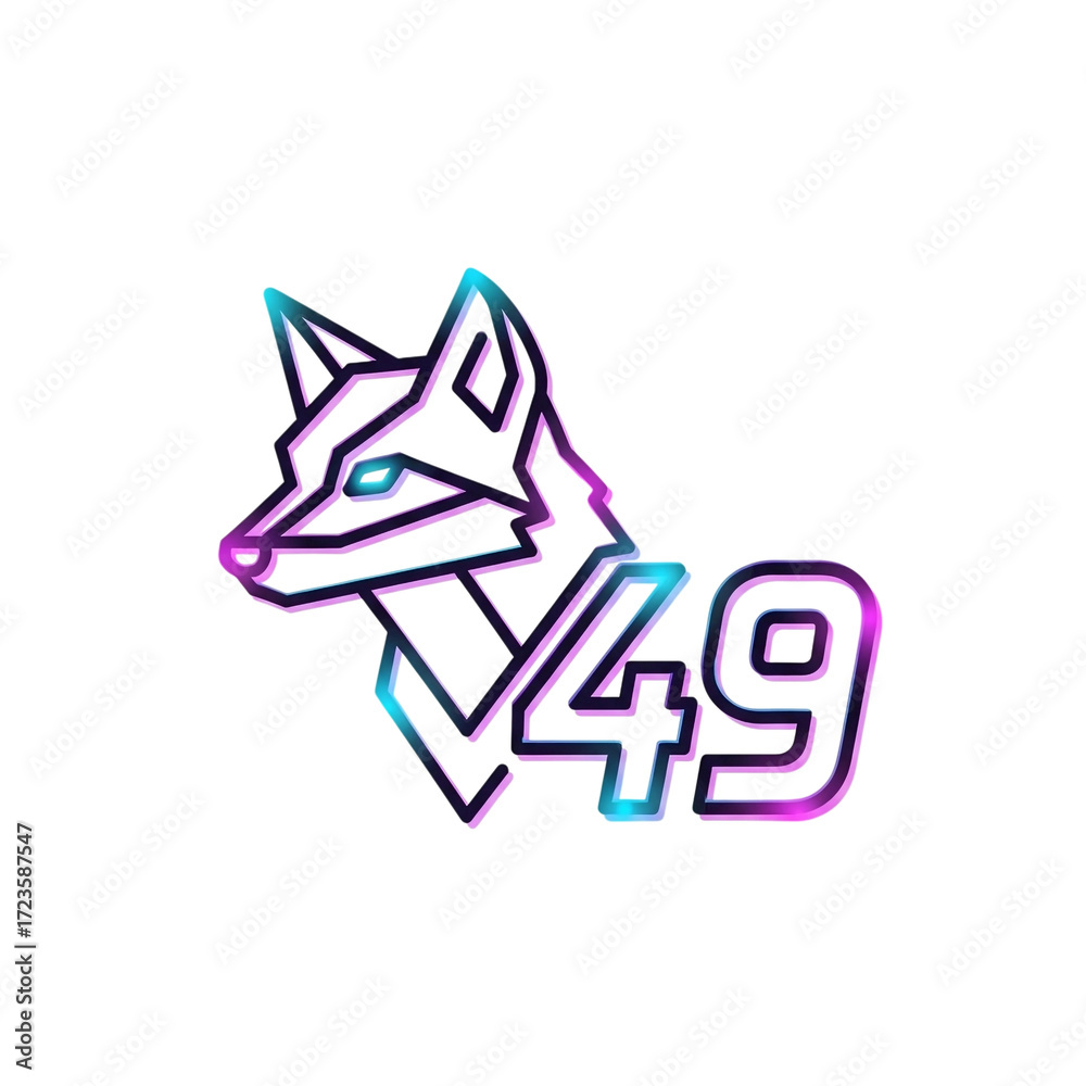 Fototapeta premium 3d icon of a stylized wolf head with neon outlines and the number 49 isolated on transparent background