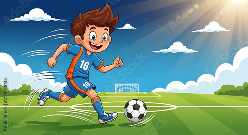 A young boy in a blue soccer uniform with the number 16 on it, joyfully dribbles a soccer ball on a green field under a bright sunny sky.
