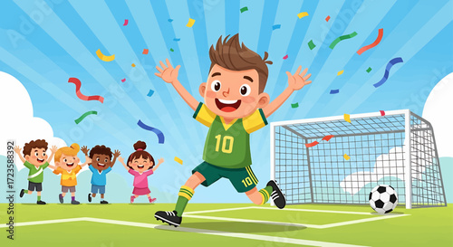 A happy boy in a green soccer uniform celebrates a goal on a sunny field with confetti, as other diverse children watch in the background.
