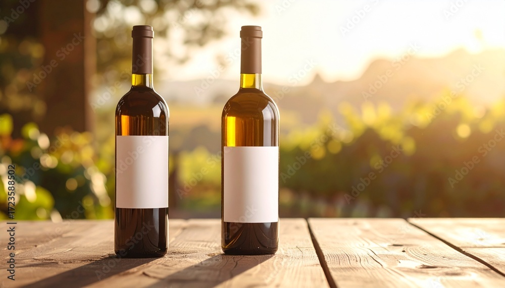 Fototapeta premium Pair of wine bottles with customizable blank labels resting on a rustic wooden table against a beautiful sunset vineyard backdrop