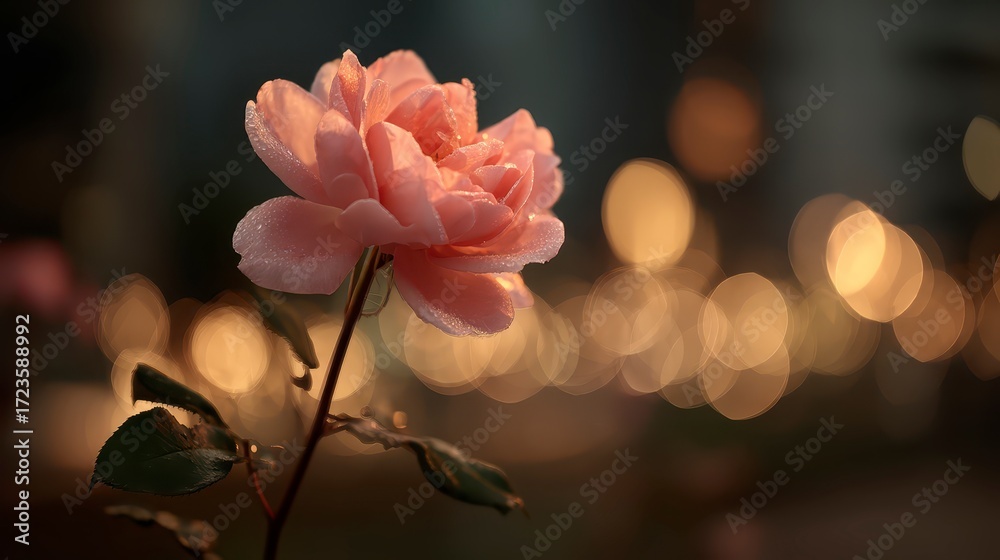 Obraz premium Macro shot of rose with glowing bokeh lights in background