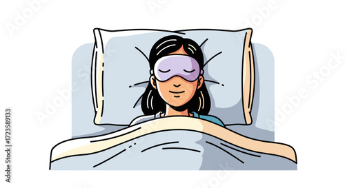 A peaceful young woman enjoys restful slumber in her cozy bed, wearing a comfortable eye mask for an undisturbed night's sleep.