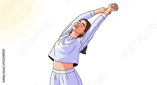 A young woman stretches gracefully, embracing a moment of wellness and morning vitality with her arms reaching towards the sky.