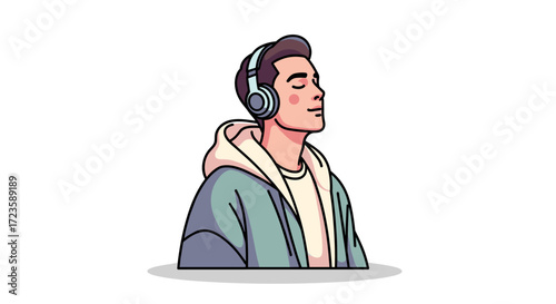 A serene young man with closed eyes enjoys listening to music through modern headphones, embodying relaxation and personal tranquility in a clean vector illustration.