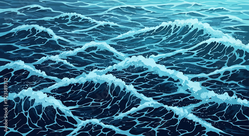 A close-up view of the ocean's surface, with numerous waves cresting and breaking, showcasing the dynamic movement of water.