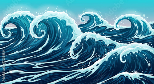 Illustration of ocean waves with white foam crests under a blue sky.