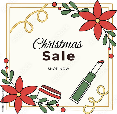 Christmas Sale announcement with lipstick and poinsettias