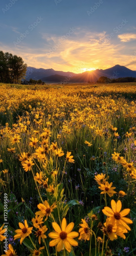 Fototapeta premium Golden wildflowers at sunset