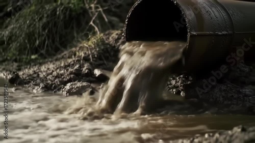 Muddy water flows from pipe into stream, forest background; environmental pollution
