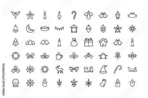 Elegant Nochebuena Christmas Eve Poinsettia and Holiday Celebration Line Art Icon Collection – Detailed Minimalist Black Outline Winter Festive Symbols Perfect for Adobe Stock and Seasonal Designs.