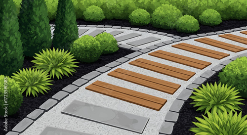 A winding garden path with stepping stones, surrounded by lush green bushes and trees, creating a serene landscape design.