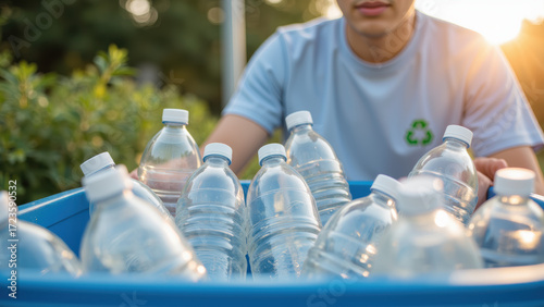 Recycling plastic bottles promotes environmental sustainability and reduces waste. person collects bottles in blue bin during sunset