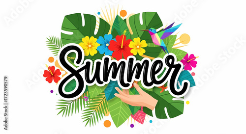Vibrant summer-themed illustration featuring lush tropical foliage, colorful flowers, and a hummingbird, with the word 'Summer'.