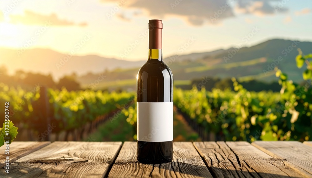 Fototapeta premium Elegant bottle of red wine with a customizable blank label resting on a rustic wooden table in a sun-drenched vineyard