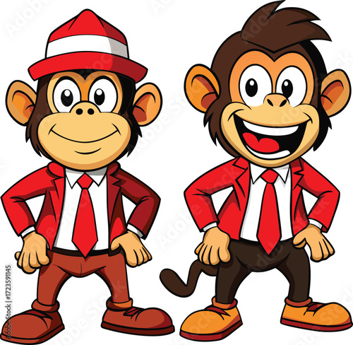Two cartoon monkeys in red suits and ties animal illustration