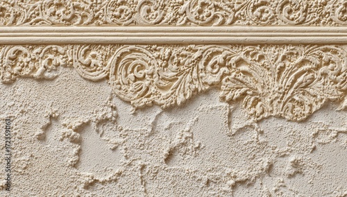 Beige textured wall with ornate border. Creamy, embossed, decorative trim, and stucco-like surface
