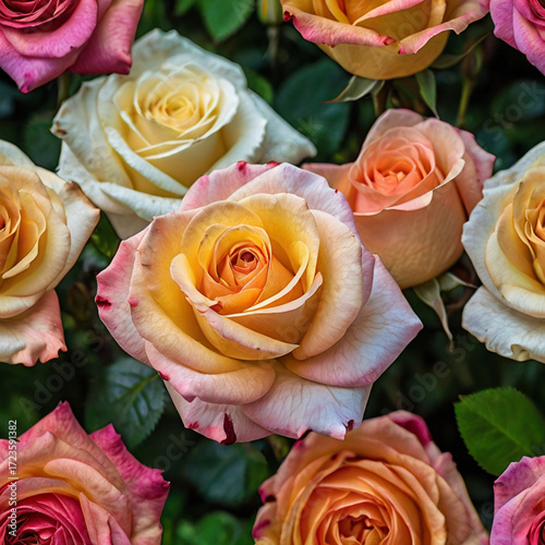 Vibrant Multicolored Roses in Full Bloom – Natural Close-Up Floral Composition Captured in Soft Daylight with High-End Camera for True-to-Life Detail and Rich, Authentic Colors.
