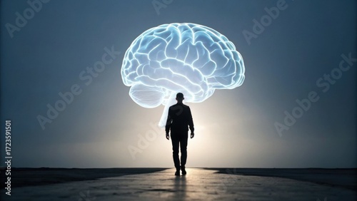 A silhouetted figure stands before a glowing brain, symbolizing knowledge, creativity, and the power of the mind against a dark, atmospheric backdrop.