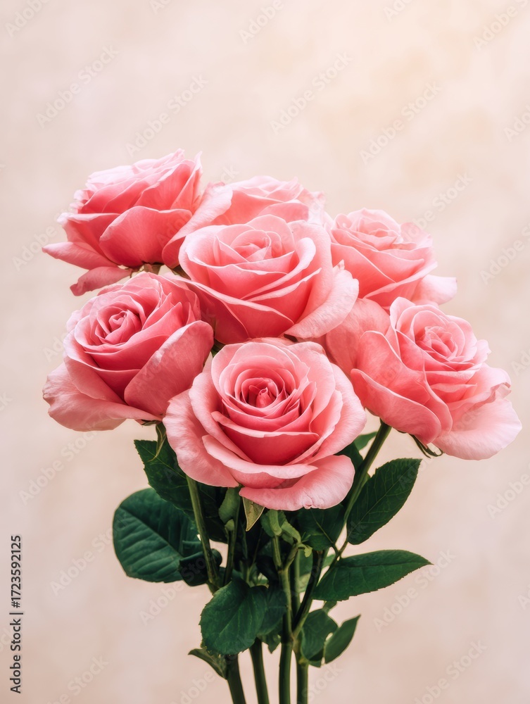 Obraz premium A vibrant bouquet of pink roses arranged elegantly against a soft, neutral background