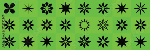 botanical vector art grid with 40 black silhouette flower icons on light and dark green checker pattern backgrounds